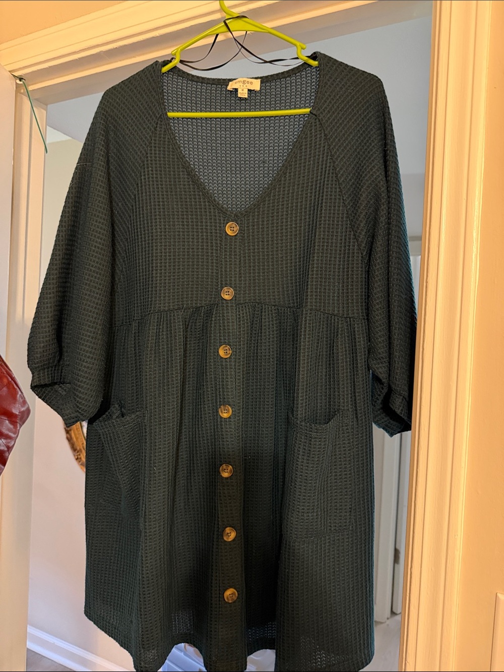 Umgee Dark Green Waffle Knit Button-Front Tunic Dress